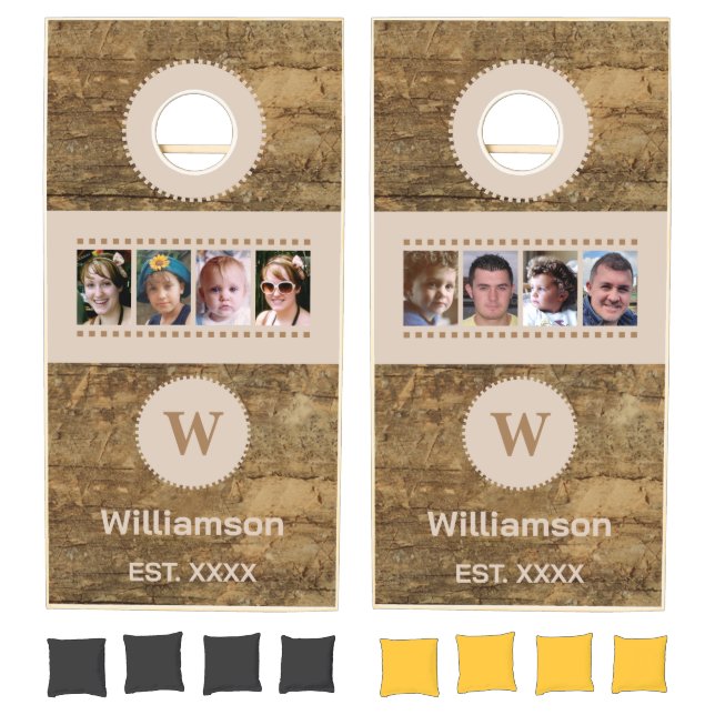 8 photo faux weathered wood initial brown beige cornhole set (Set)