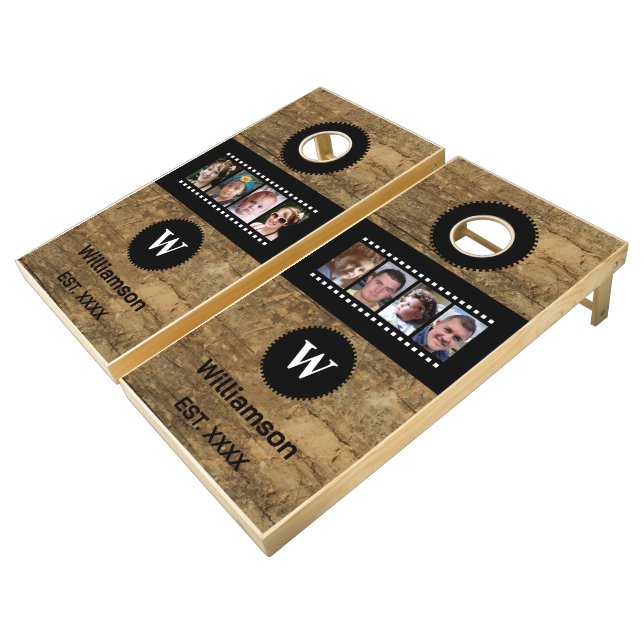 8 photo faux weathered wood initial brown black cornhole set (Angled)