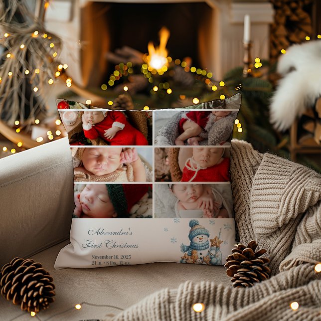 8 Photo First Christmas Birth Announcement Throw Pillow (Creator Uploaded)