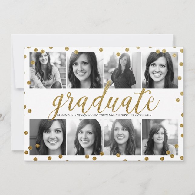 8 Photo Gold Glitter Look Graduation Invitation (Front)