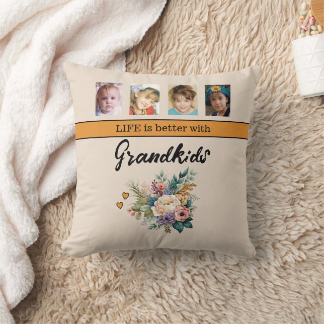 8 photo grandkids flowers orange throw pillow (Blanket)