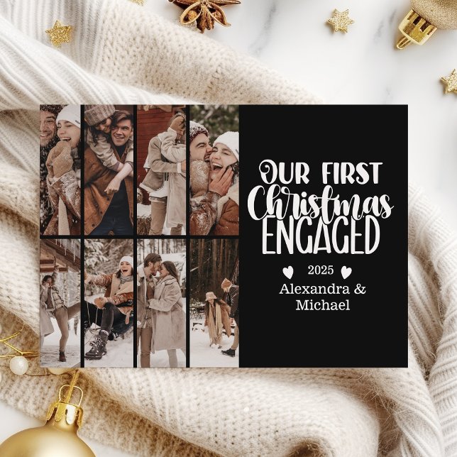 8 Photo Minimalist First Christmas Engaged Holiday Card (Creator Uploaded)
