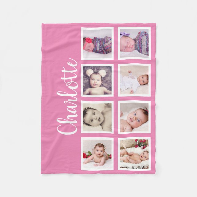 8 Photo Personalized Custom (pink) Fleece Blanket (Front)