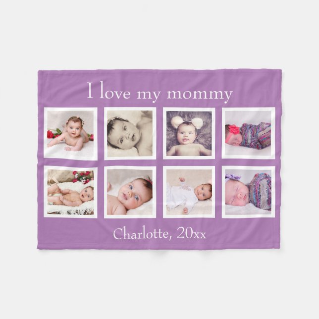 8 Photo Personalized Custom Text (purple) Fleece Blanket (Front (Horizontal))
