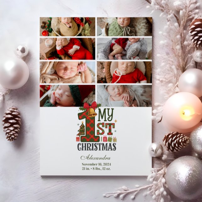8 Photo Plaid First Christmas Holiday Card (Creator Uploaded)
