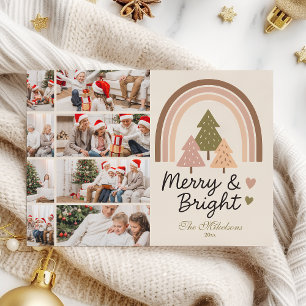 8 Photo Retro Neutral Rainbow Merry & Bright Holiday Card