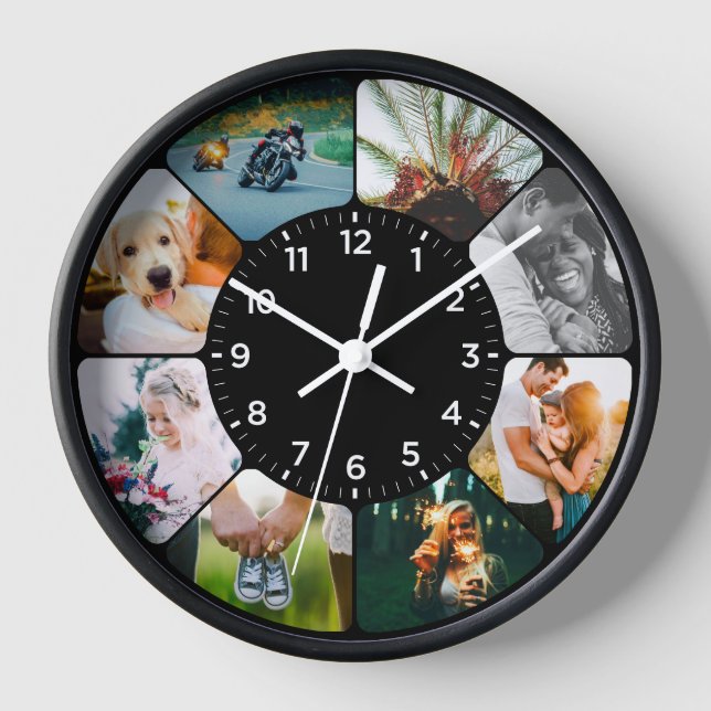 8 Photo Rounded Clock Black (Front)
