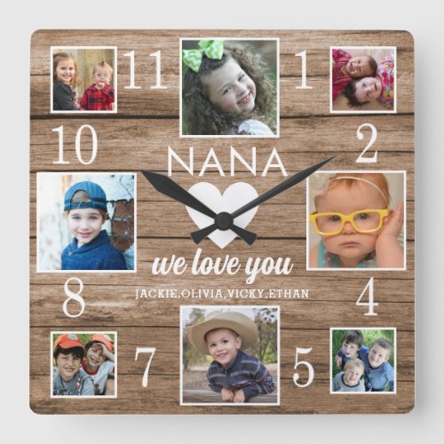 8 Photo Rustic Barn Wood Love You Nana Grandkids  Square Wall Clock