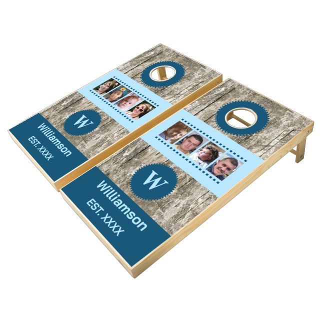 8 photo rustic faux wood initial grey blue cornhole set (Angled)