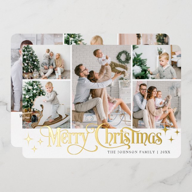 8 PHOTO Sparkle Merry Christmas Gold Foil Holiday Card (Front/Back)