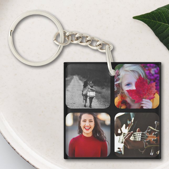 8 Photo Template Double Sided Grid Rounded Black Keychain (Creator Uploaded)