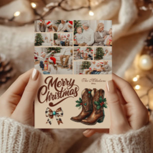 8 Photo Western Bow & Boots Christmas Holiday Card