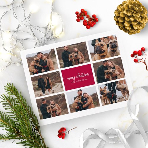 8 Photos Collage Stylish Script Merry Christmas Postcard