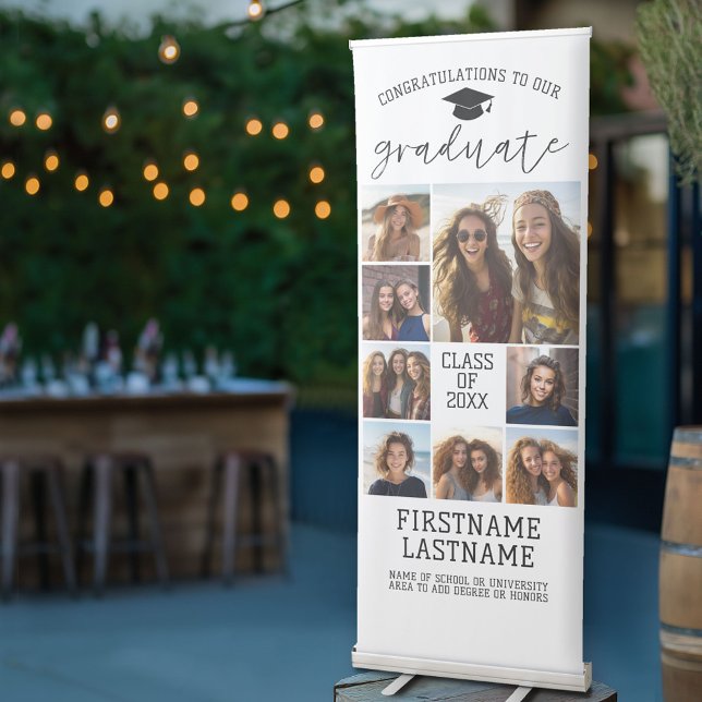 8 Photos - Graduation Modern Minimal White Retractable Banner (Custom Graduation Banner Stand - Photo Collage with Modern Black and White Design)