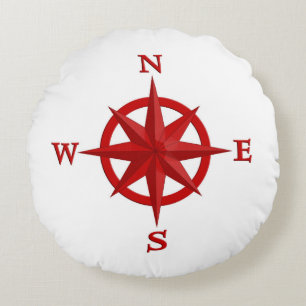 8-Point Compass Rose, Deep Red and White Round Pillow