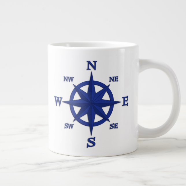 8-Point Compass Rose, Navy Blue Giant Coffee Mug (Right)