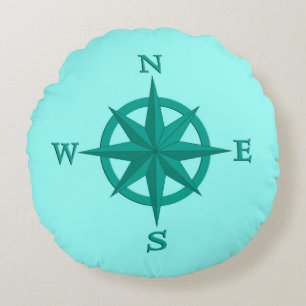 8-Point Compass Rose, Turquoise and Aqua Round Pillow