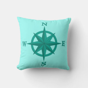 8-Point Compass Rose, Turquoise and Aqua Throw Pillow