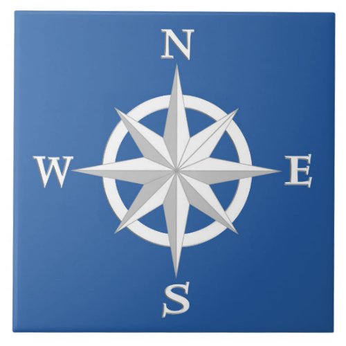 8_Point Compass Rose White and Cobalt Blue Ceramic Tile