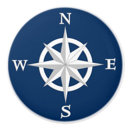 8_Point Compass Rose White and Navy Blue Ceramic Knob