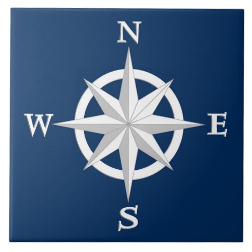 8_Point Compass Rose White and Navy Blue Ceramic Tile