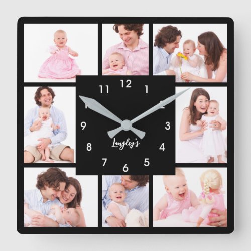 8 Sections Family Photo in Black Frame Square Wall Clock