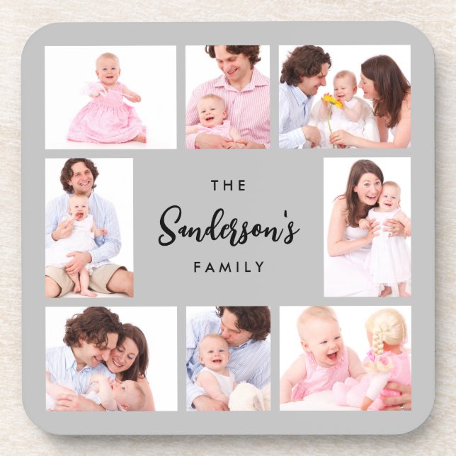 8 Sections Family Photo in Gray Frame Beverage Coaster (Front)