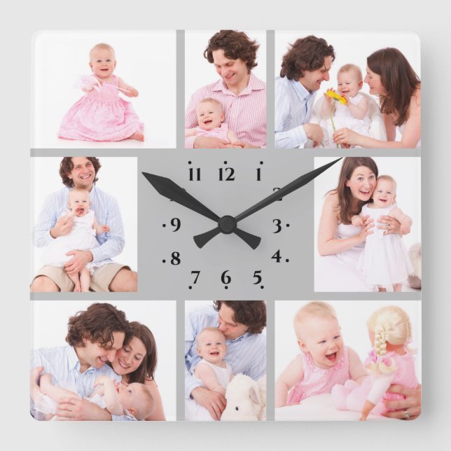 8 Sections Family Photo in Gray Frame Square Wall Clock (Front)