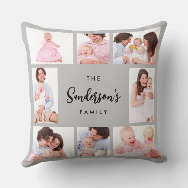 8 Sections Family Photo in Gray Frame Throw Pillow (Back)