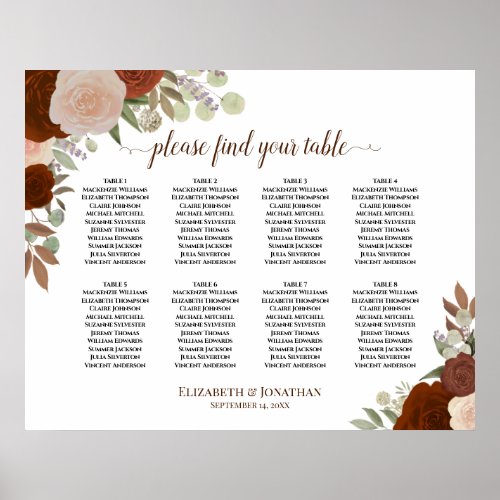 8 Table Autumn Rust Floral Wedding Seating Chart