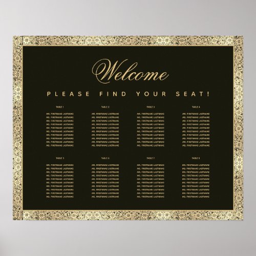 8 Table Black Gold Elegant Vintage Seating Chart