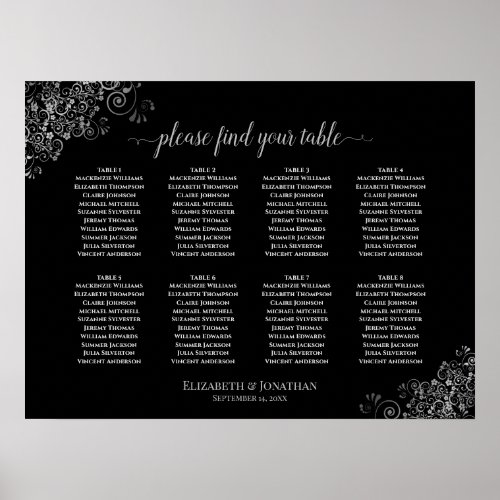 8 Table Black Wedding Seating Chart Silver Frills