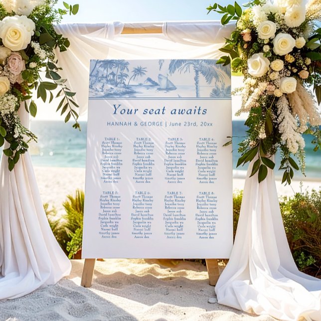 8 Table Blue Coastal Toile Wedding Seating Plan Foam Board (Creator Uploaded)