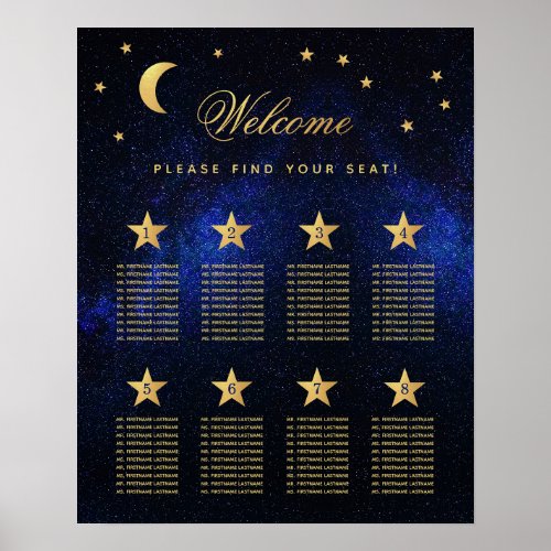 8 Table Blue Gold Celestial Wedding Seating Chart