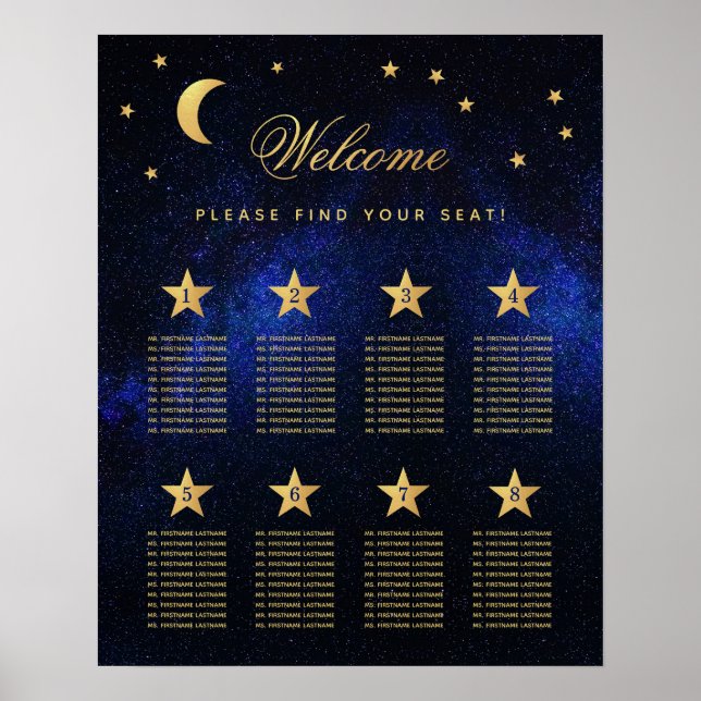 8 Table Blue Gold Celestial Wedding Seating Chart (Front)