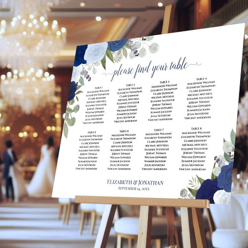 8 Table Blue Roses Boho Chic Wedding Seating Chart Foam Board