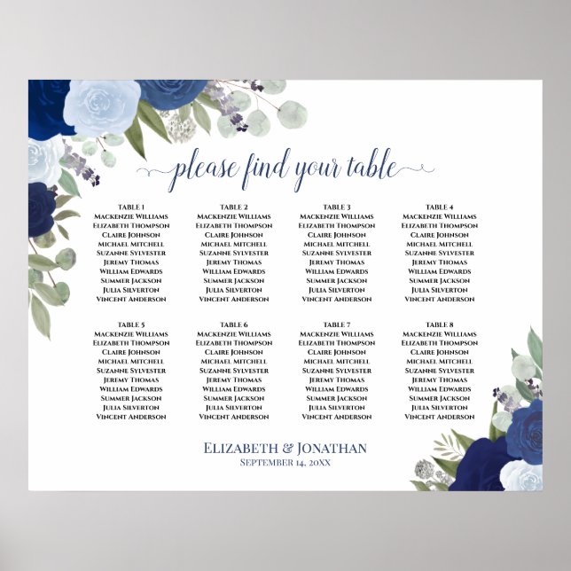 8 Table Blue Roses Elegant Wedding Seating Chart (Front)