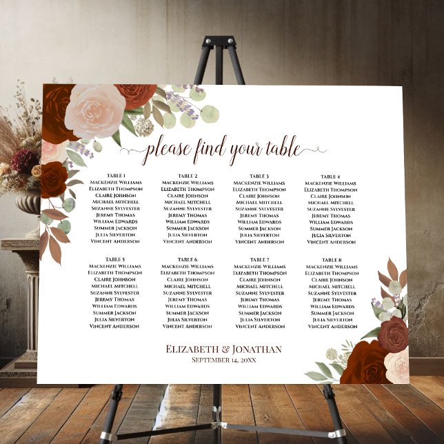 8 Table Boho Chic Fall Roses Wedding Seating Chart Foam Board (On Stand)