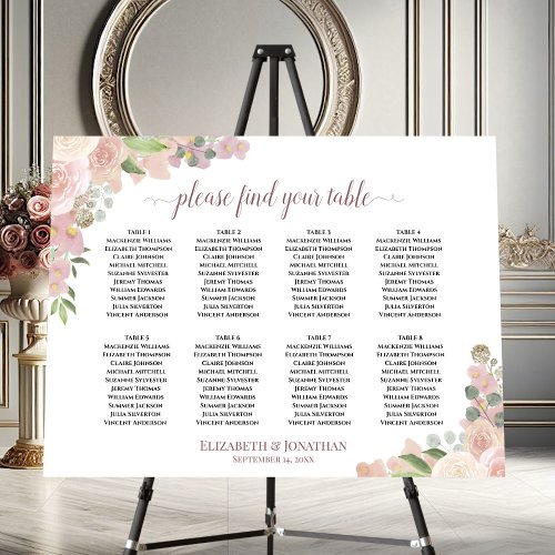 8 Table Boho Chic Pink Roses Wedding Seating Chart Foam Board