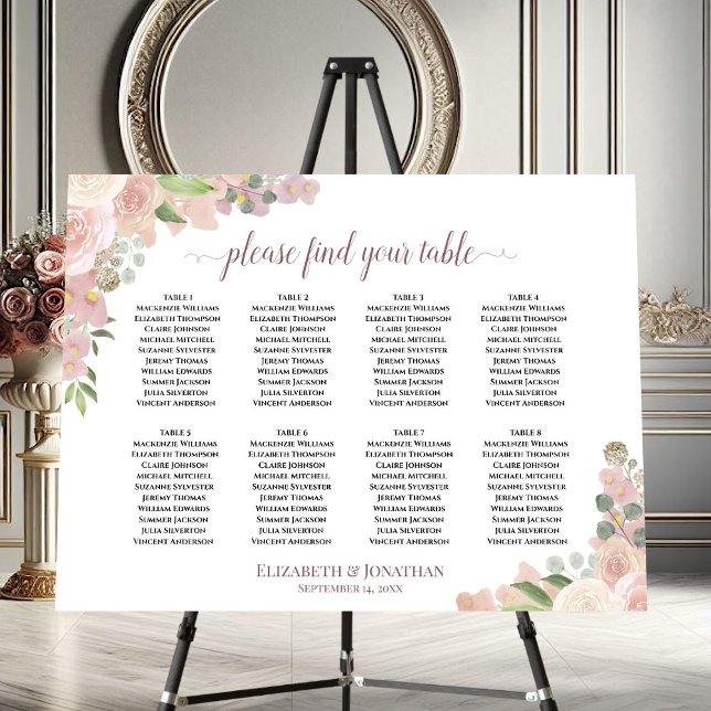 8 Table Boho Chic Pink Roses Wedding Seating Chart Foam Board (On Stand)