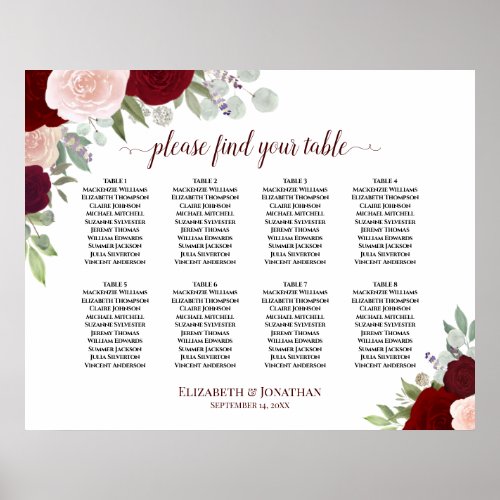 8 Table Burgundy Red  Pink Roses Seating Chart