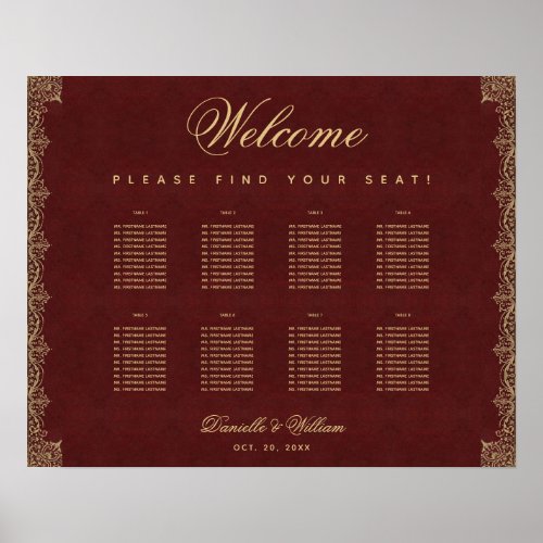 8 Table Burgundy Vintage Gold Script Seating Chart