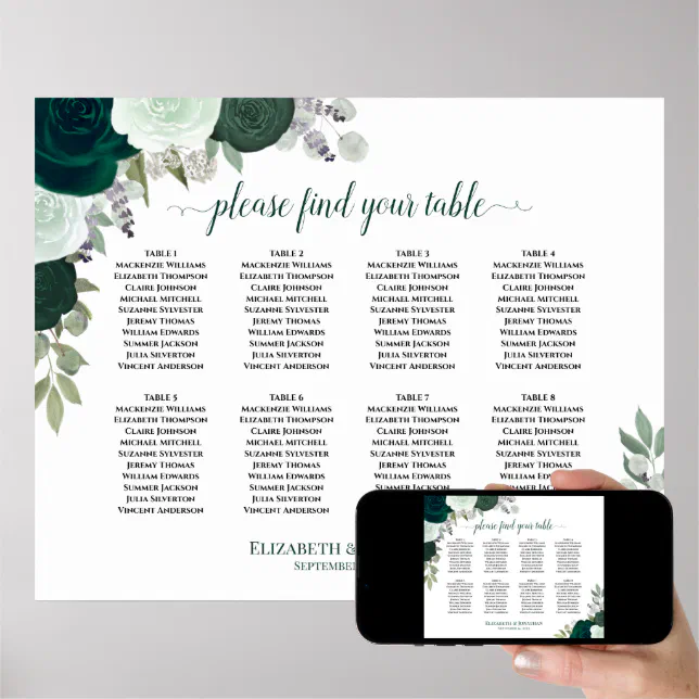8 Table Emerald Green Floral Wedding Seating Chart Zazzle