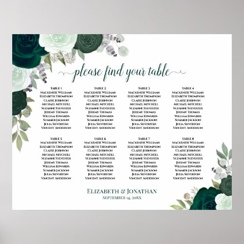8 Table Emerald Green Floral Wedding Seating Chart