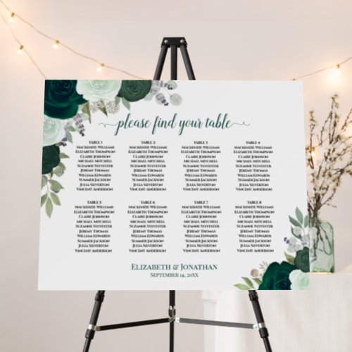 8 Table Emerald Green Roses Wedding Seating Chart Foam Board