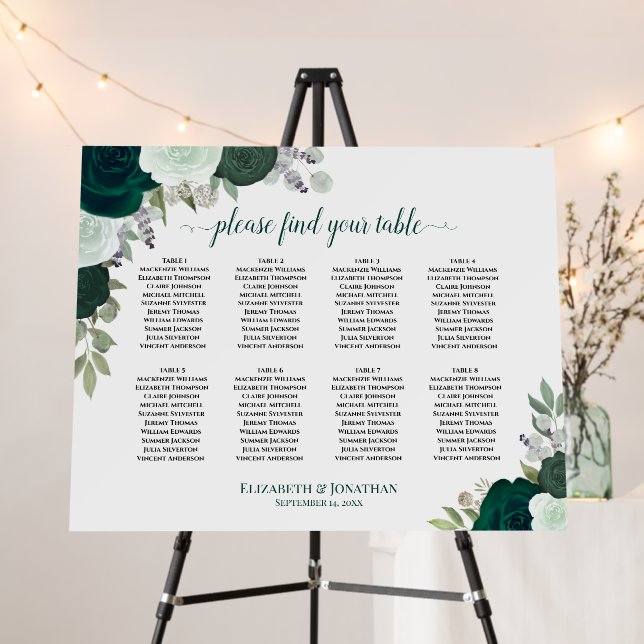 8 Table Emerald Green Roses Wedding Seating Chart Foam Board (In Situ (Stand))