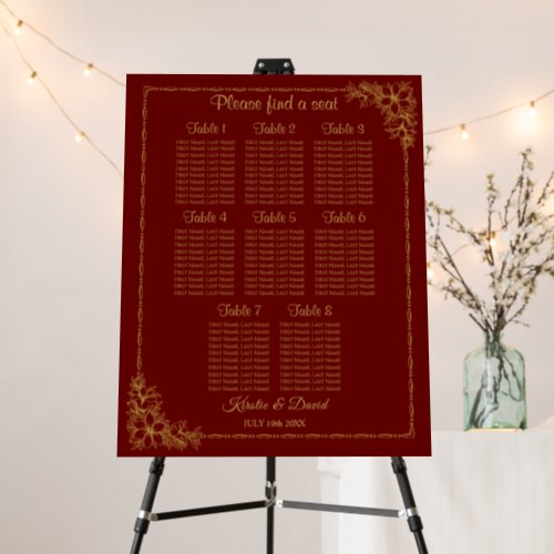 8 Table Gold Ornate Floral Wedding Seating Chart Foam Board