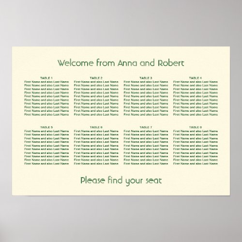 8 Table Ivory Cream Dark Green Seating Chart