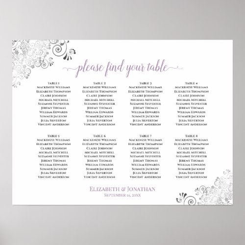 8 Table Lacy Lavender Wedding Seating Chart White