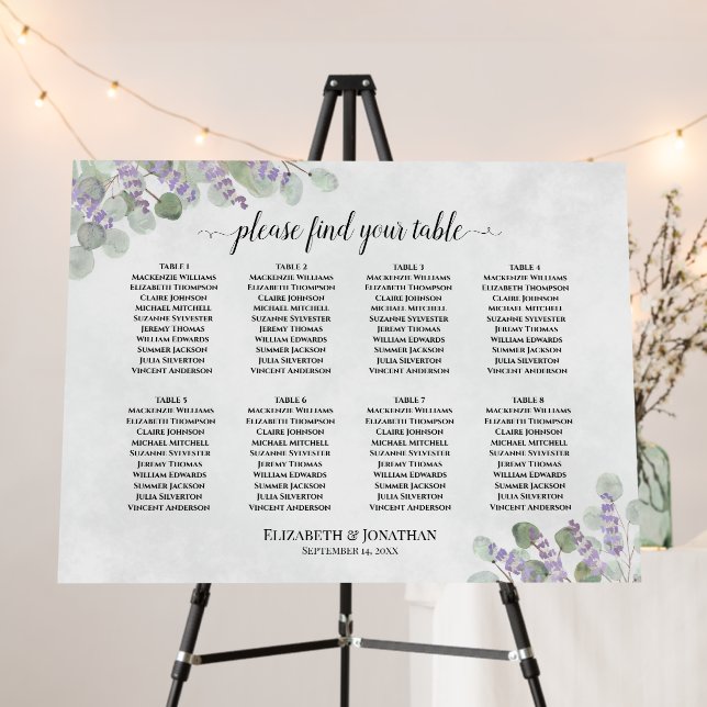 8 Table Lavender Eucalyptus Wedding Seating Chart Foam Board (In Situ (Stand))